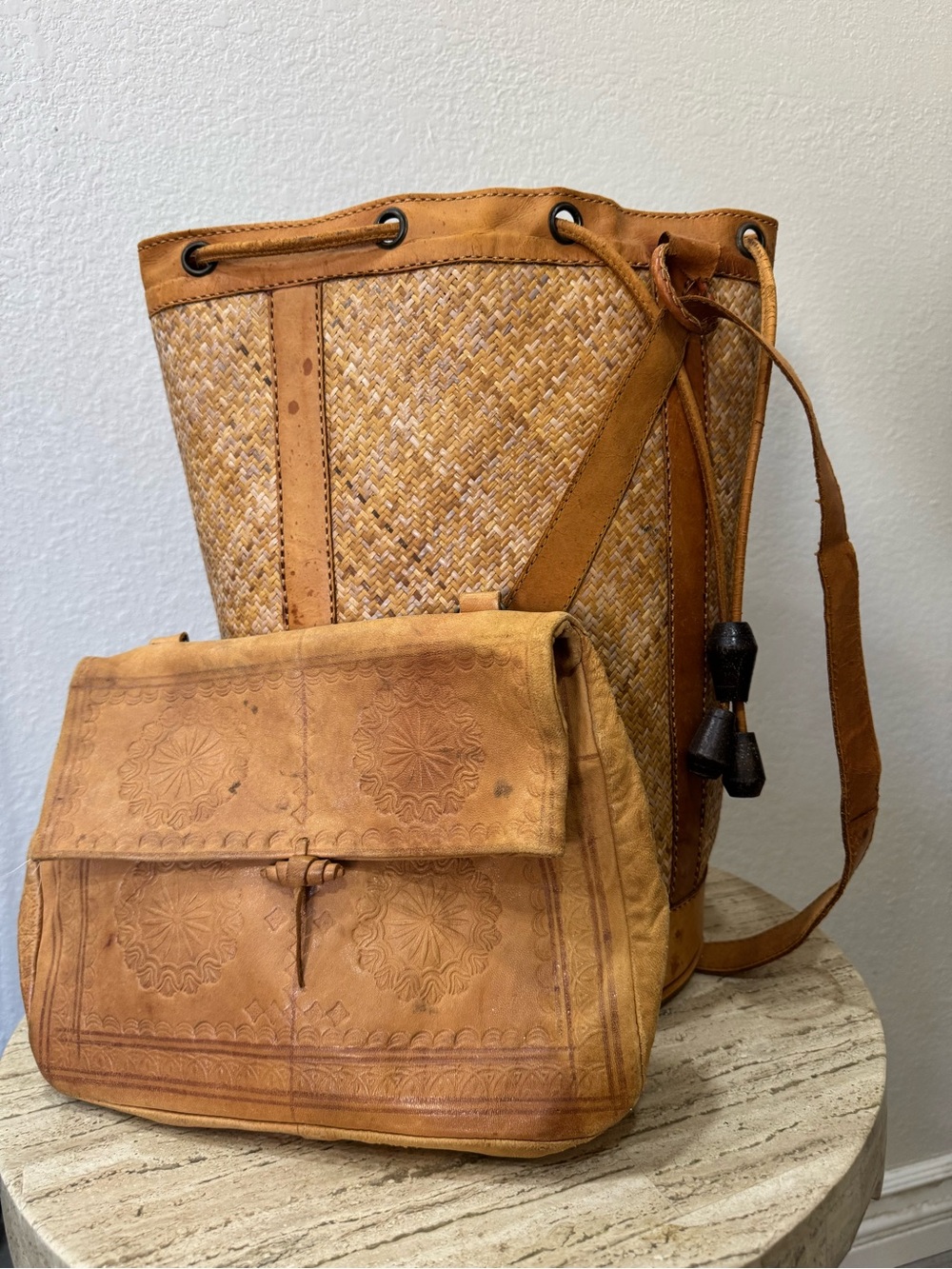 Handcrafted Tan Leather & Woven Bucket Bag - Boho Tote